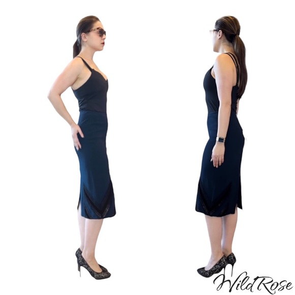 ROLAND MOURET NAVY BLUE BLACK LAC3 & VELVET PENCIL SKIRT SZ US 10 - Picture 7 of 17